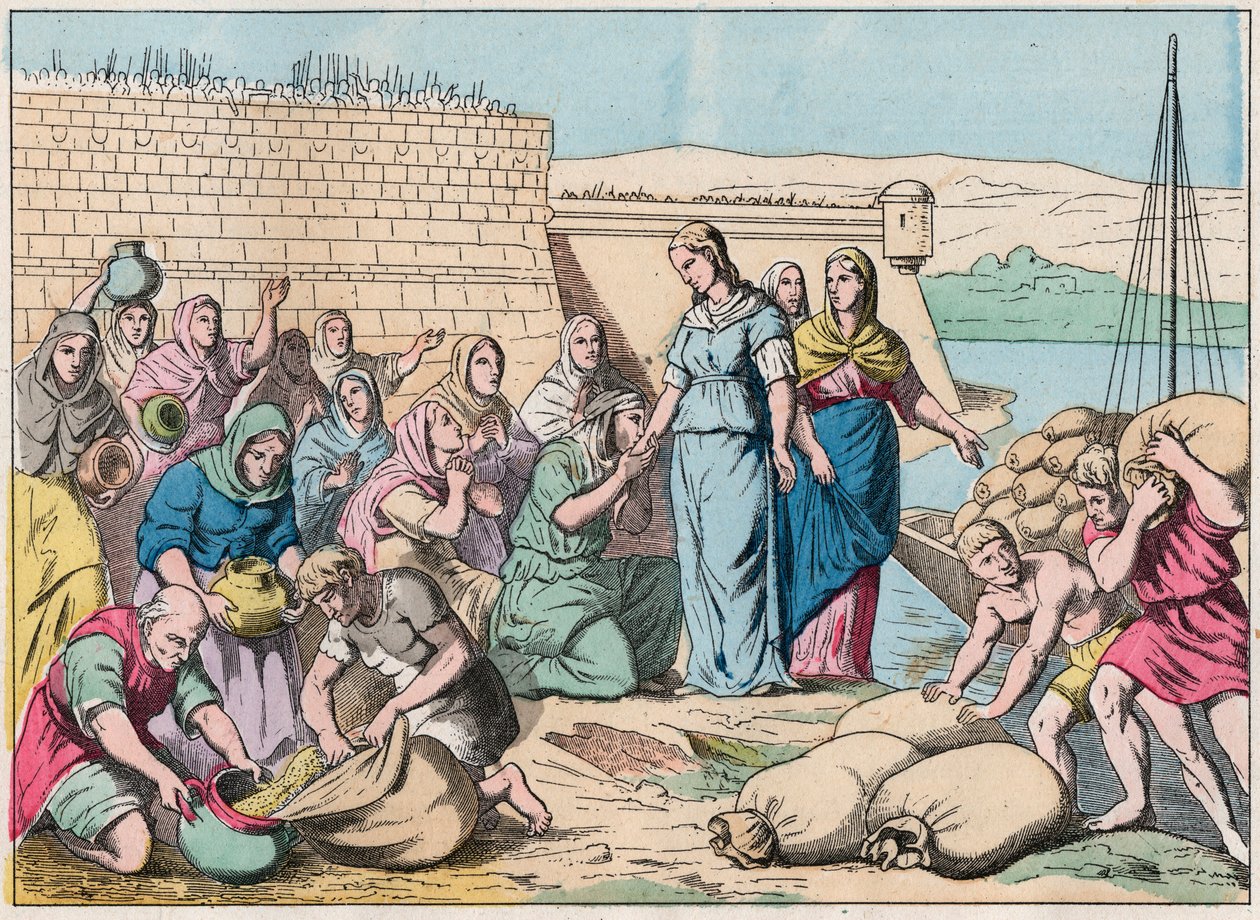 Sainte Genevieve delar ut mat till folket under belägringen av Paris av hunnernas armé av Attila år 451 (barbarinvasioner) - Sainte Genevieve och folket i Paris - Gravyr av slutet av 1800-talet i "Nos Gires Nationales - Bilder av French School