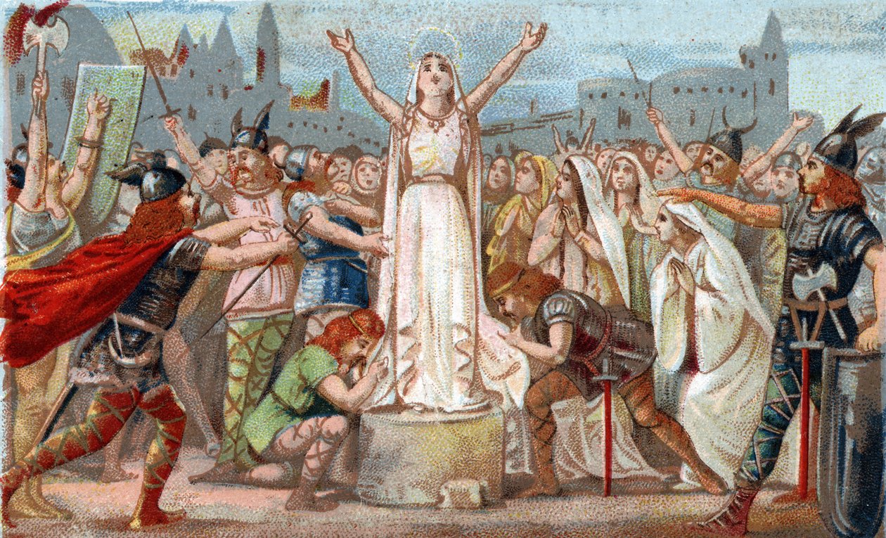 Sainte Genevieve, organiserade försvaret av Paris mot hunernas horder av Attila och lugnade folket i Paris år 451. Kromolitografi från det sena 1800-talet. av French School