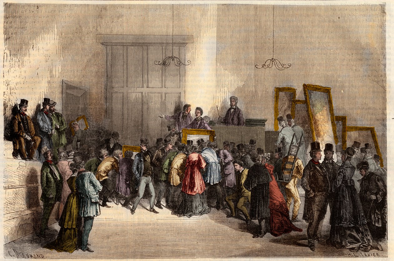 Försäljning av målningar på auktionsförrättarnas hotell i Paris 1868. Gravyr i "" L