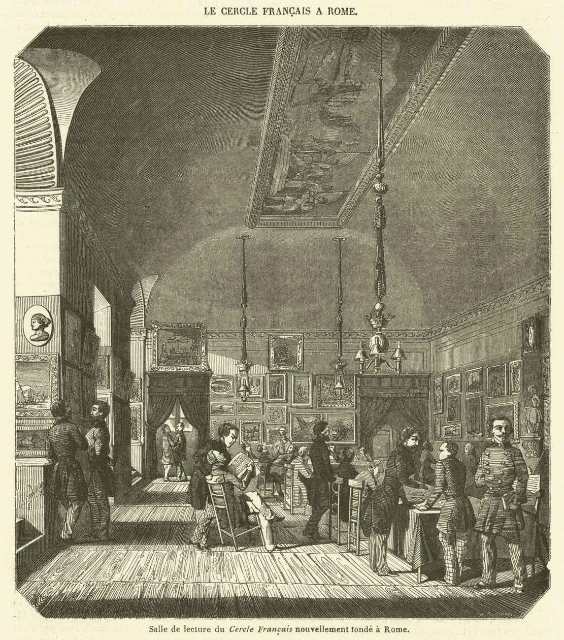 Läsesalen i den i Rom nygrundade Cercle Francais (gravyr) av French School