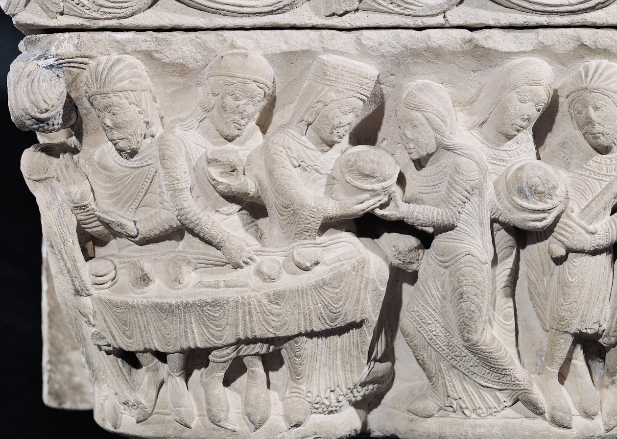 Salome presenterar Johannes Döparens huvud vid Herodes högtid, detalj från en relief på en kapitäl (sten) (detalj av 86203) av French School