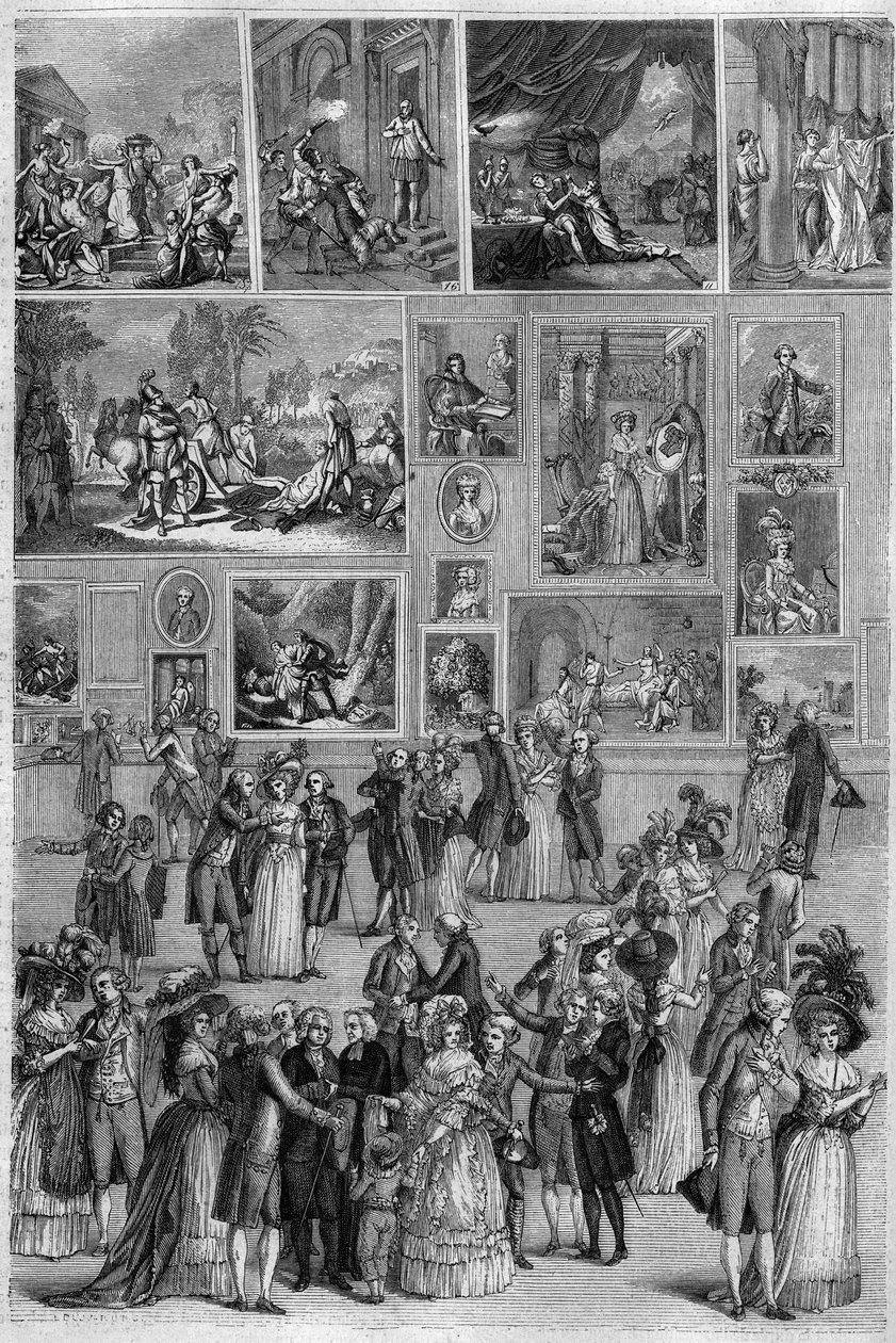 Salon de 1787: utsikt över Salon Carre vid Louvren under målningsutställningen i Paris. Gravyr av Martini i ""The Picturesque Store"" av French School