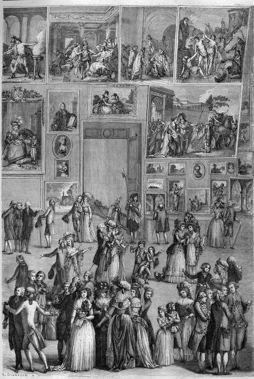Salon de 1787: utsikt över Salon Carre vid Louvren under målningsutställningen i Paris. Gravyr av Martini i ""The Picturesque Store"" av French School