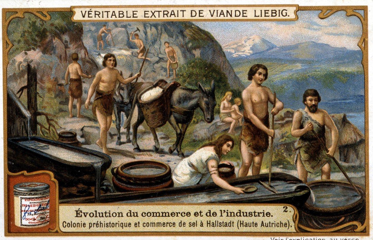 Salthandel i Oberösterreich under förhistorisk tid i Hallstadt - chromo. Liébig av French School