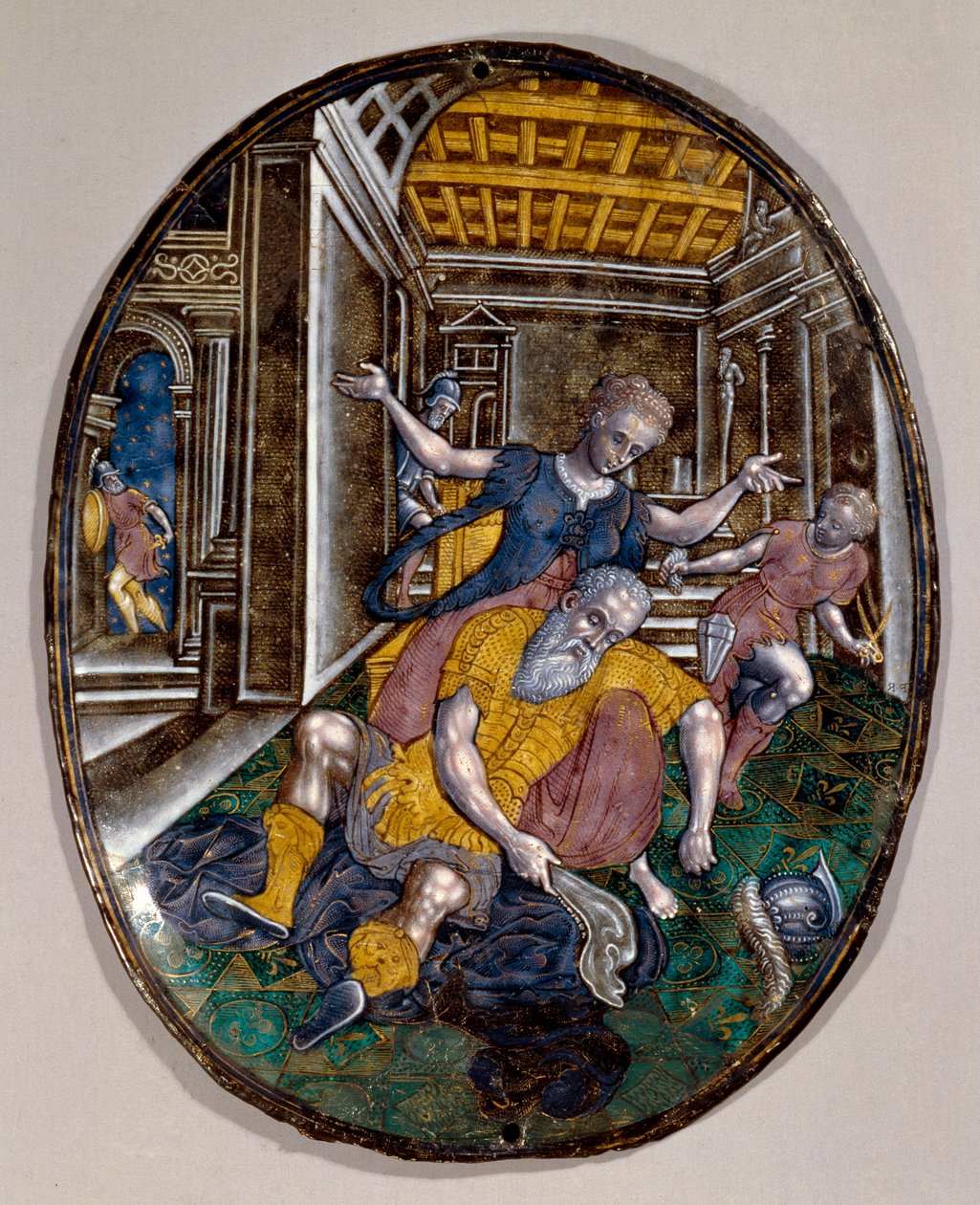 Samson och Dalila Samson tappar styrka efter att Dalila klippt håret. Limoges häfte. 1575 ca. London Victoria and Albert Museum av French School