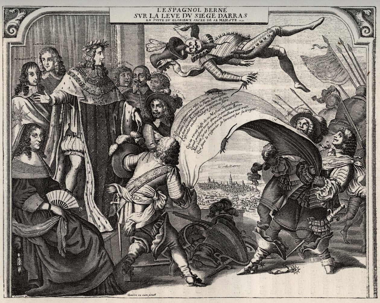 Satirisk allegori om uppkomsten av belägringen av Arras 1654 efter kröningen av Ludvig XIV (1638-1715). Nedre vänstra är drottning Anne av Österrike (1601-1666). Stående bredvid Ludvig XIV, och till vänster om kungen, kardinal Jules Mazarin (1602-1661). En av French School