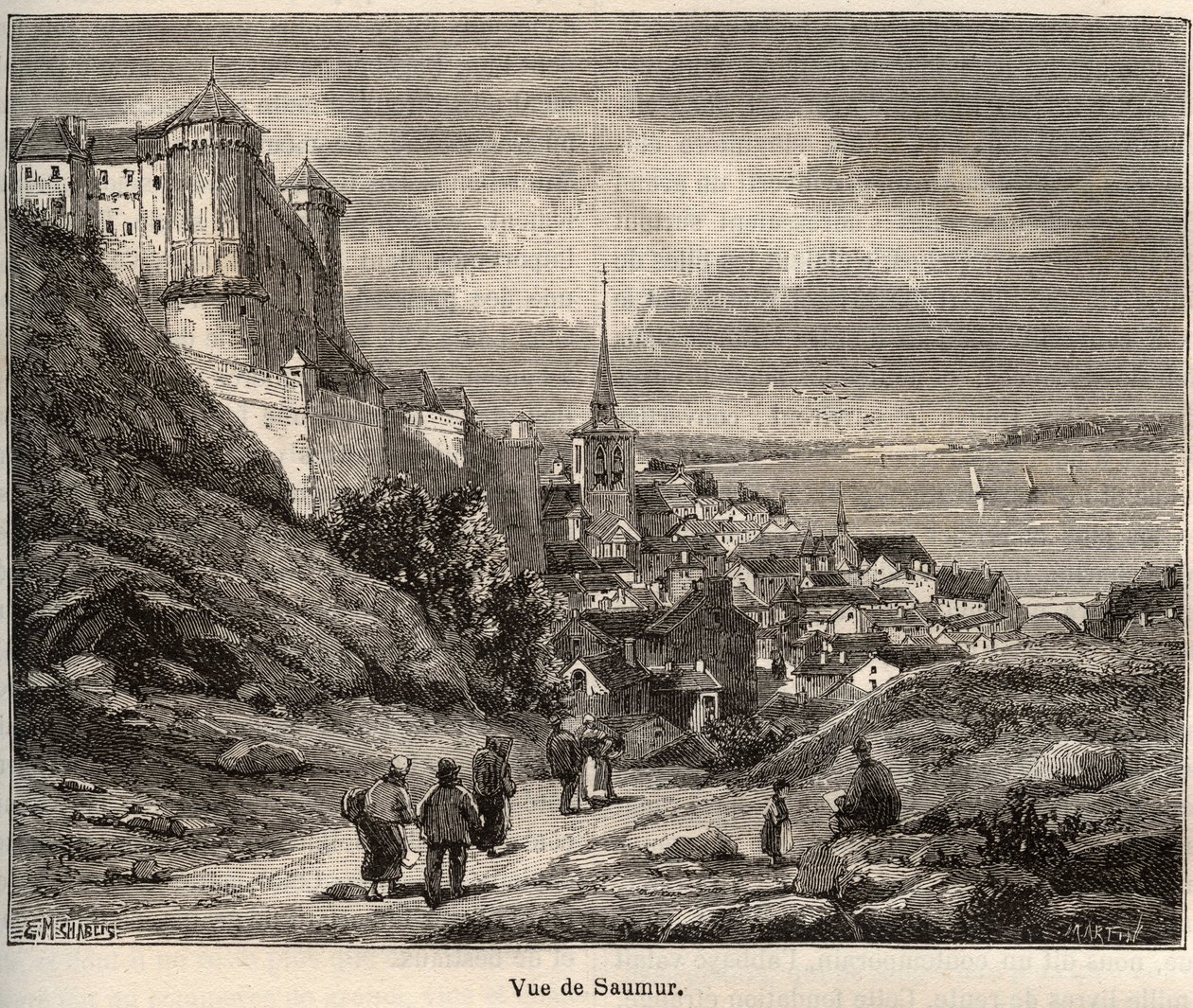 Saumur departementet Maine-et-Loire, i regionen Pays de la Loire - gravyr i "Frankrike illustree: geografi, historia, statistisk administration" av V.-A. Malt-brunt. 1884 av French School