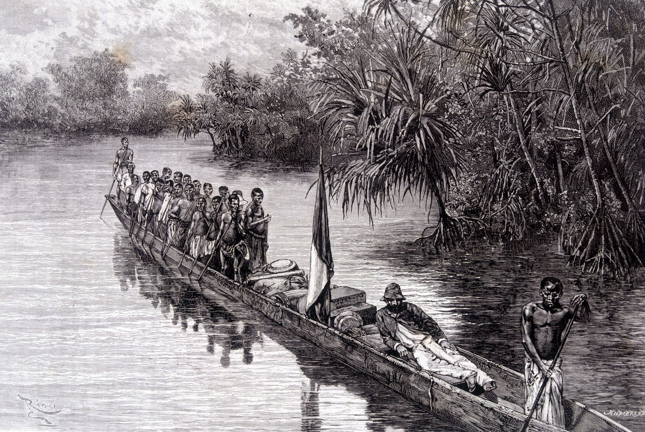 Savorgnan av Brazza i en kanot i pandanus i Västafrika - i "" Tour du Monde"", 2:a veckan 1887 av French School