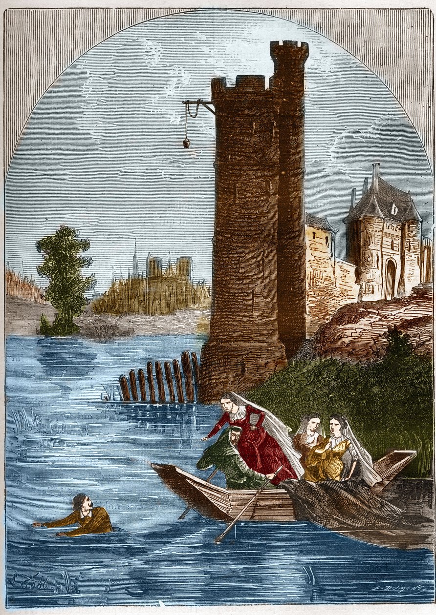 Skandal (affären) av tornet i Nesle: Buridan lyckades fly från tornet i Nesle i Paris 1314 trots bakhållet som sattes av drottning Marguerite av Bourgogne (1290-1315). Gravyr i "Histoire de la prostitution et de la debauche dans les peuples du g av French School