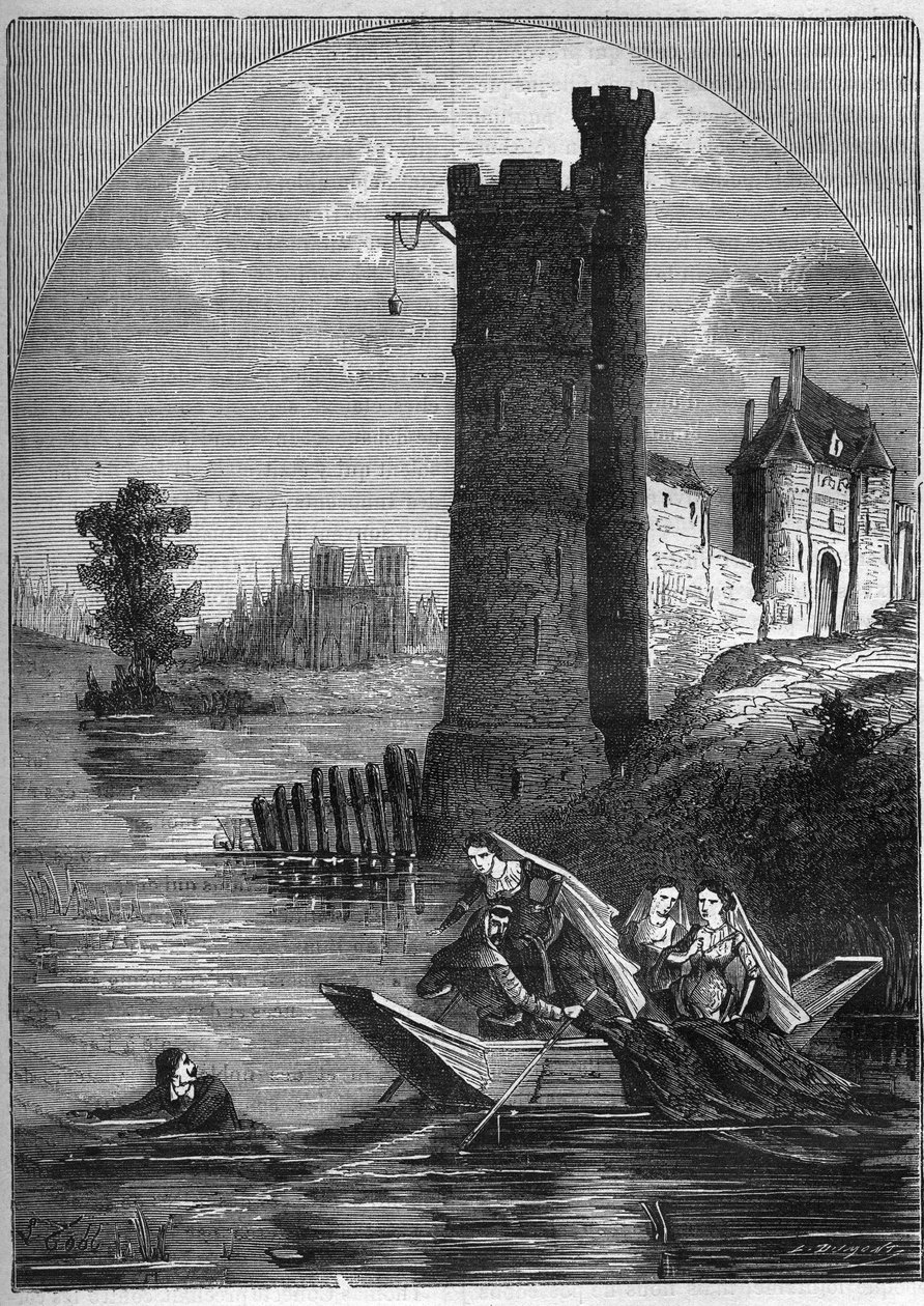 Skandal (affären) av tornet i Nesle: Jean Buridan lyckades fly från tornet i Nesle 1314 trots bakhållet från drottning Marguerite av Bourgogne (1290-1315). Gravyr i "Histoire de la prostitution et de la debauche dans les peuples du globe av French School
