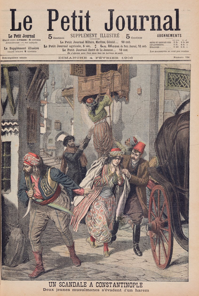 Skandal i Konstantinopel, två unga muslimska damer som flyr från ett harem, illustration från 