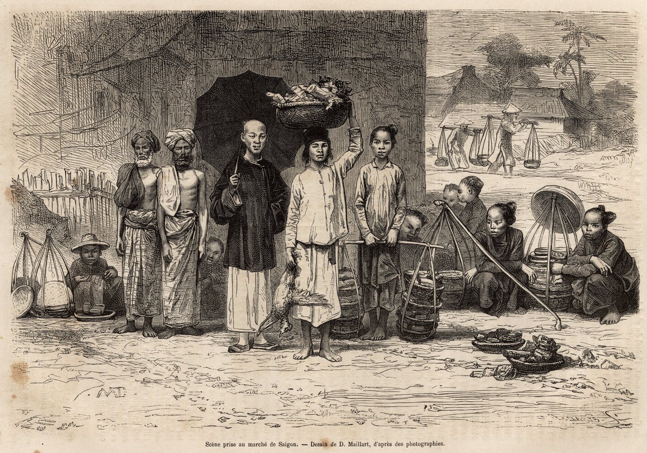 Scene du marche de Saigon, gravyr efter en teckning av D. Maillard, som illustrerar resan till Cochinchine, av doktor Morice, 1872, publicerad i "" Le tour du monde"" 1875, redigerad av Edouard Charton, Hachette-upplagan, Paris. Selva samling. av French School