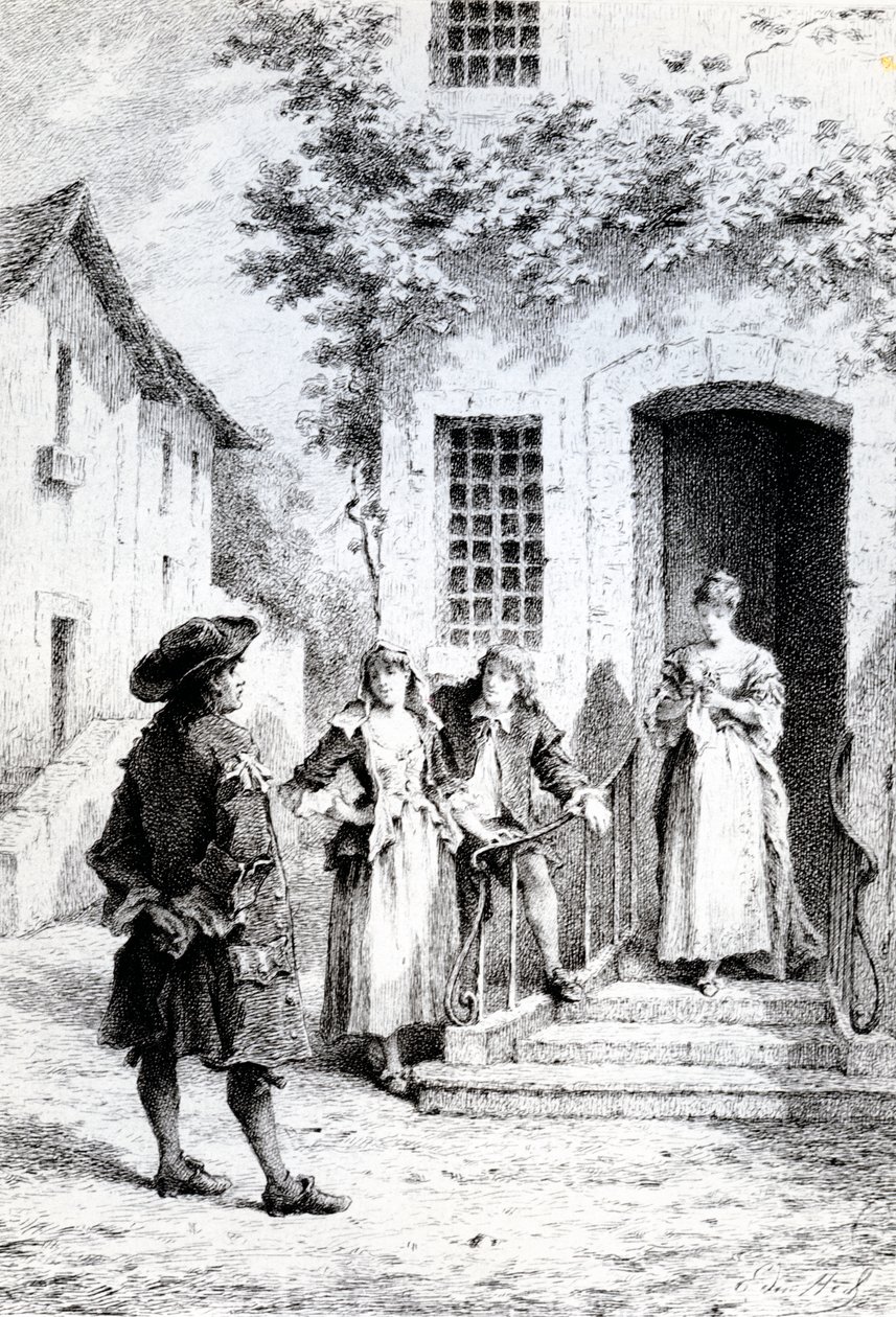 Scen från The School for Wives, av Moliere av French School