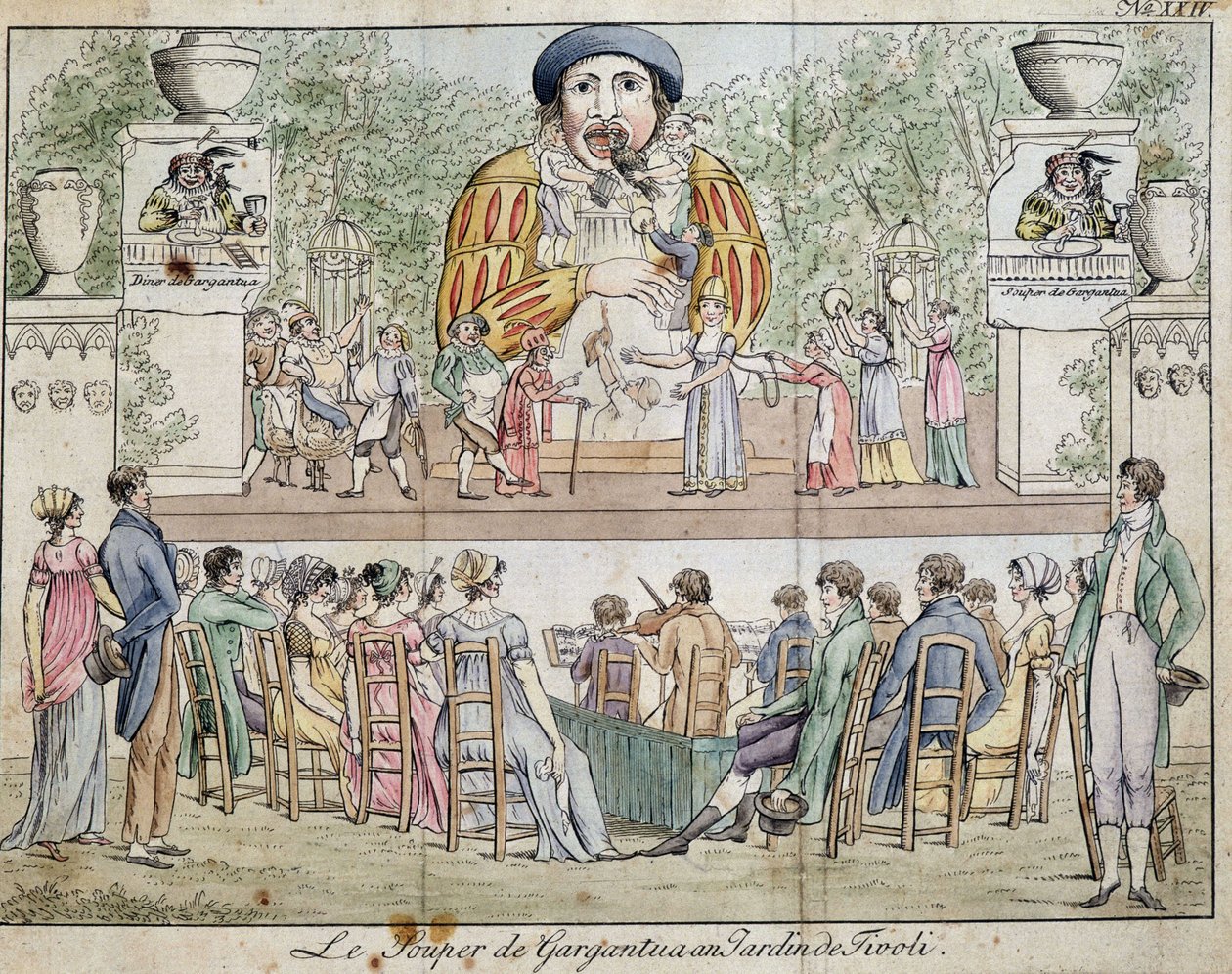 Scen för middagen i Gargantua med allmänheten, attraktion av Tivolis trädgård, ca. 1805. av French School