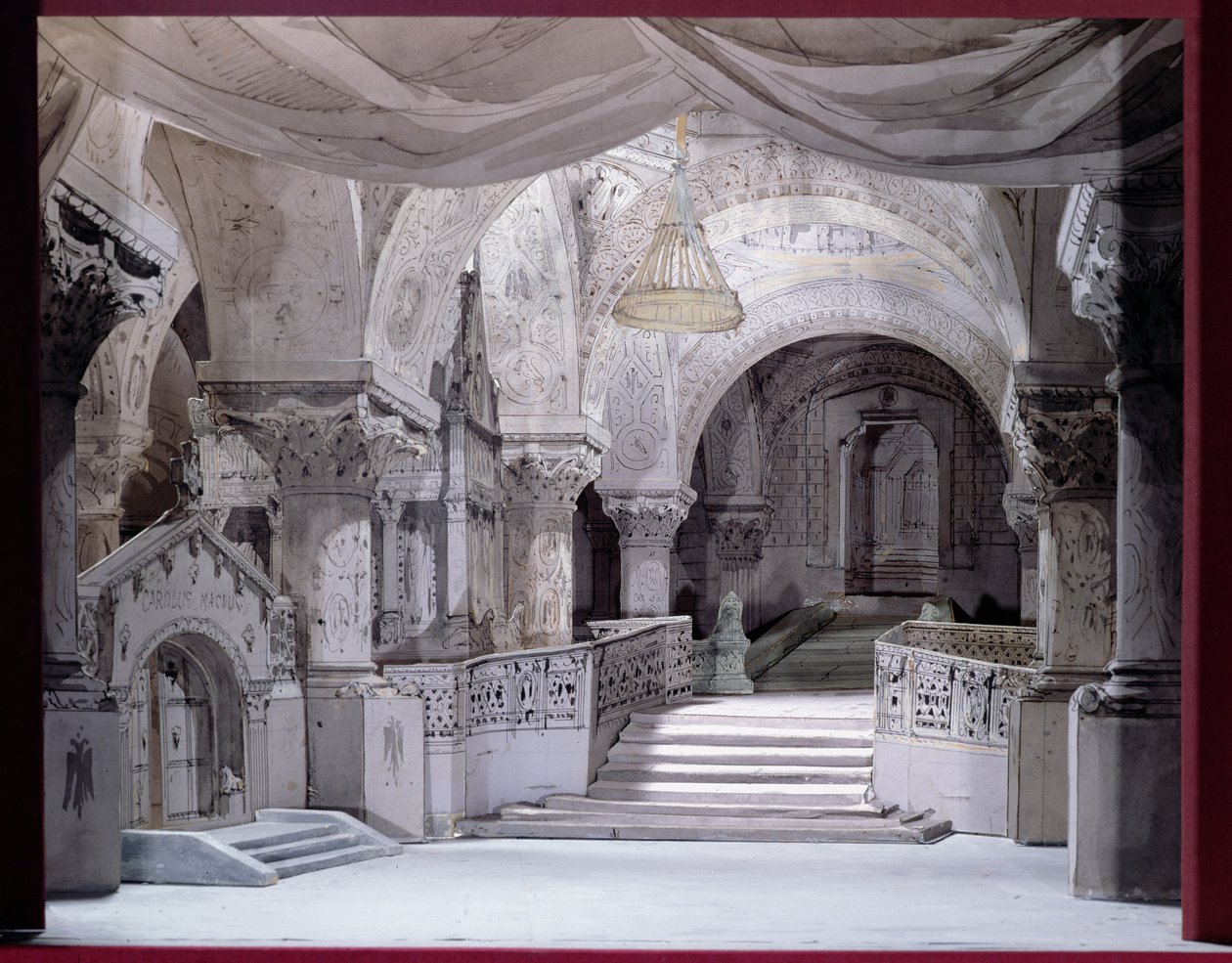 Landskapsdesign för en föreställning av Hernani av Victor Hugo (1802-85), 1867 (penna och bläck på papper) av French School