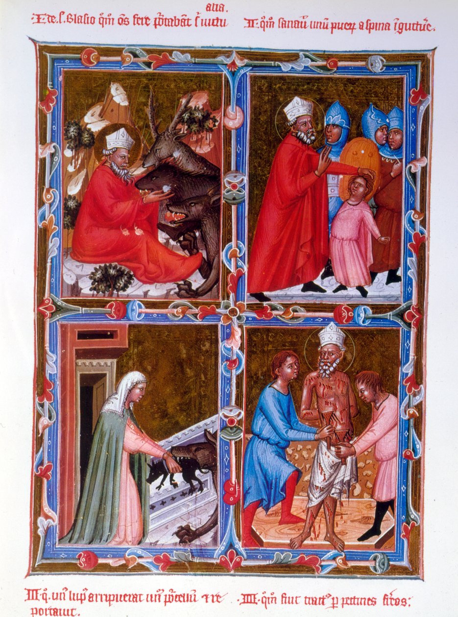 Scener från Saint Blaises liv, faksimil av ett 1400-talsmanuskript av Legendaire des Anjou-Hongrie, skola i Bologna av French School