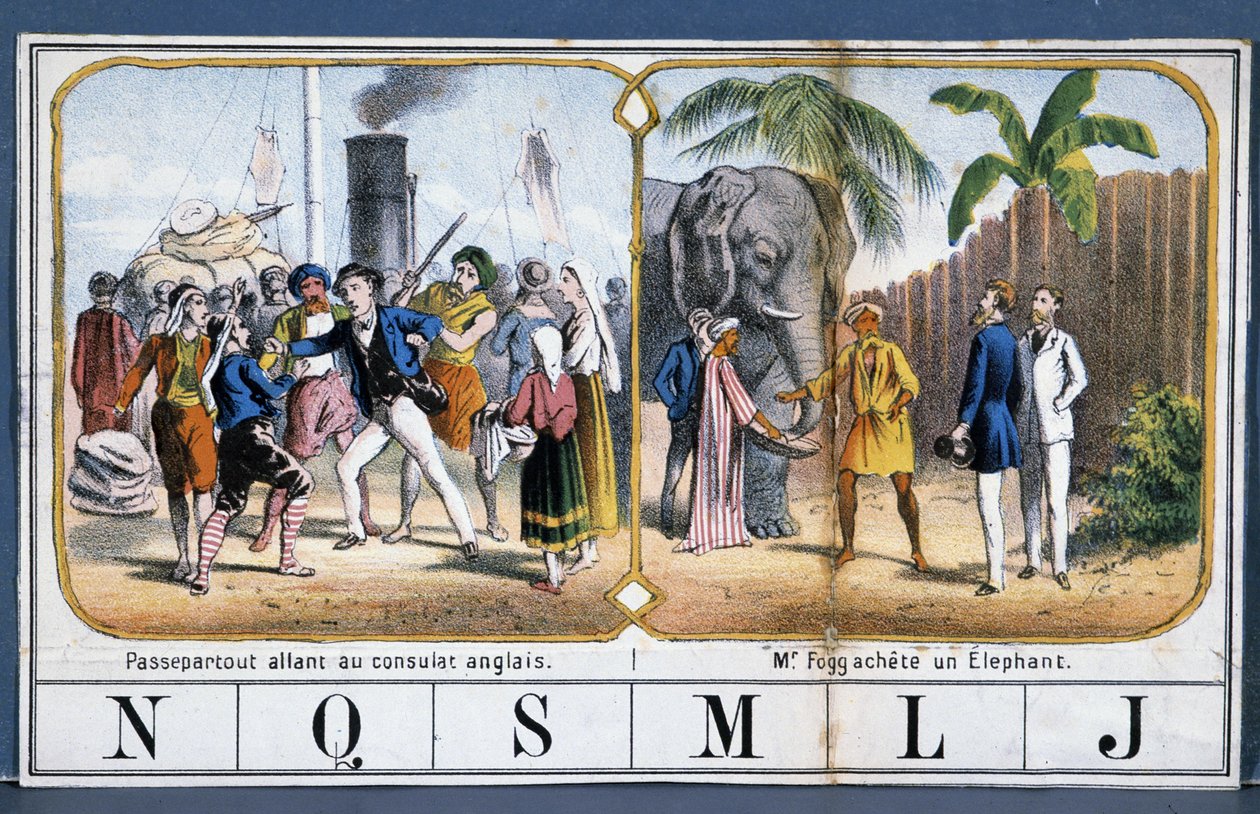 Scener med Passepartout och Phileas Fogg i Indien, ill. från spelet "" The World Tour"" av Jules Verne, n.d. sent 1800-tal. av French School