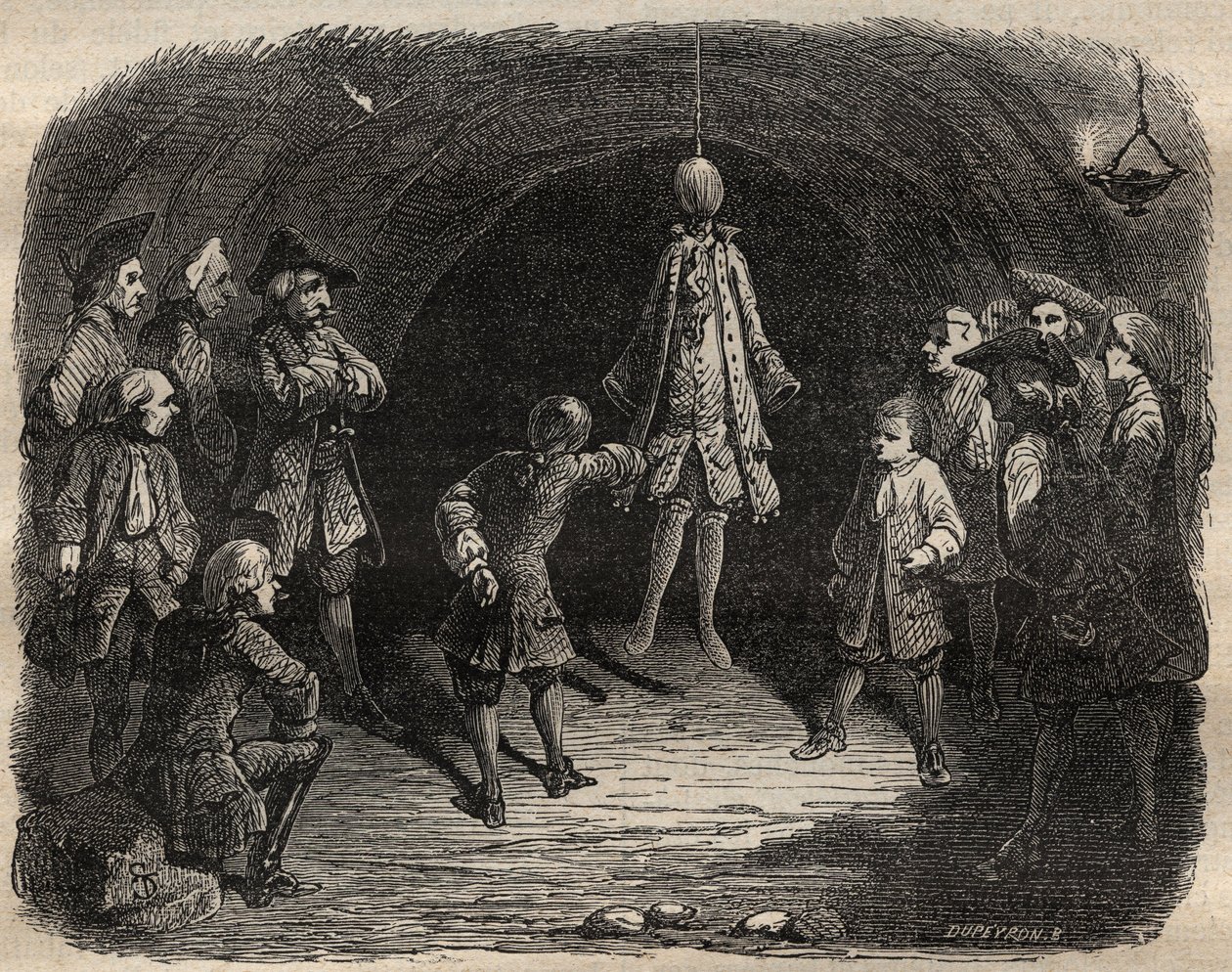 Tjuvskola skapad av briganden Louis Dominique Garthausen dit Cartridge (1693-1721) i en karriär i Paris: en modell hängd i taket vars fickor skulle tömmas utan att röra sig på grund av straff för att få ett skottregn - School of thieves av French School