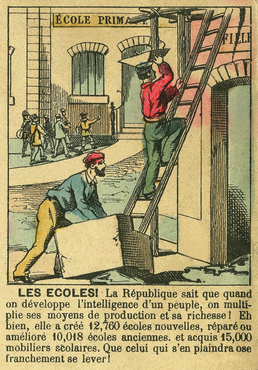 Skolor, som illustrerar den tredje republikens fördelar för utvecklingen av utbildning i skolor. Gravyr, i "" Le Figaro, tillägg"", den 30/03/1889, Paris. Coll. Selva. av French School