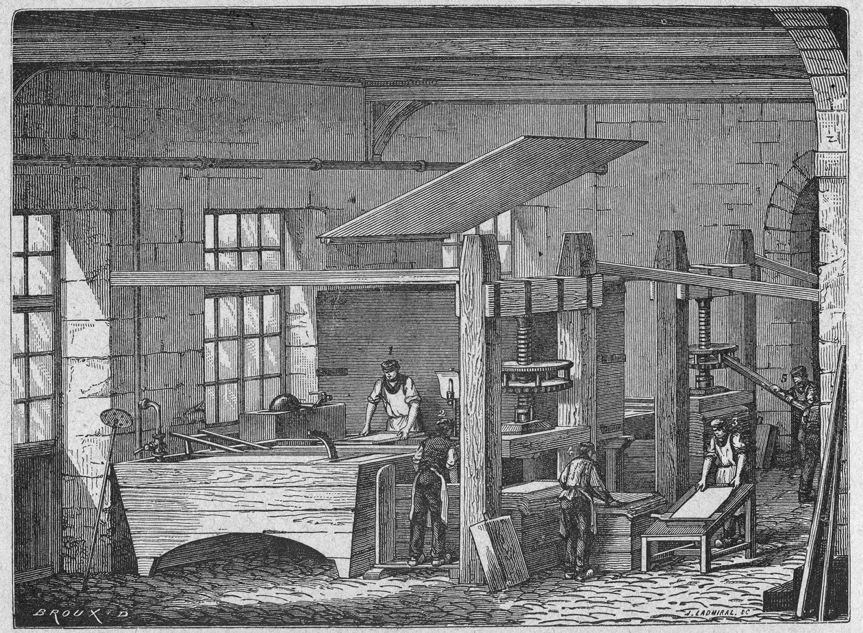 Vetenskap. Papperstillverkning. Handgjort papper. Gravyr i: Stora män och stora industriprestationer, Frankrike, ca 1880 (gravyr) av French School