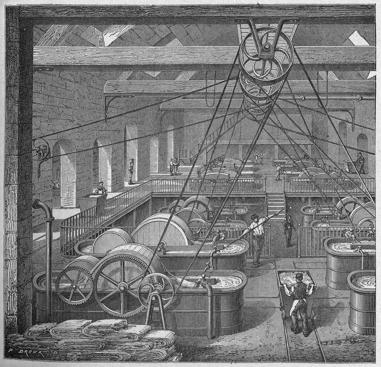 Vetenskap. Papperstillverkning. Badkar för trasor (tillverkning av bomullspapper). Gravyr i: Stora män och stora industriprestationer, Frankrike, ca 1880 (gravyr) av French School