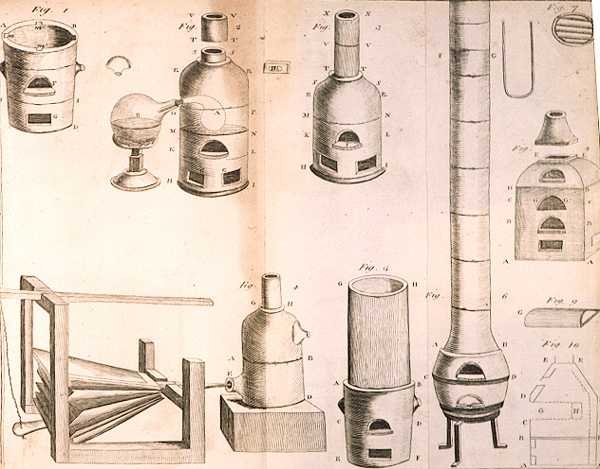 Vetenskaplig utrustning, från The Elements of Chemistry av Antoine Laurent de Lavoisier (1743-94) graverad av D.Lizars, 1796 av French School