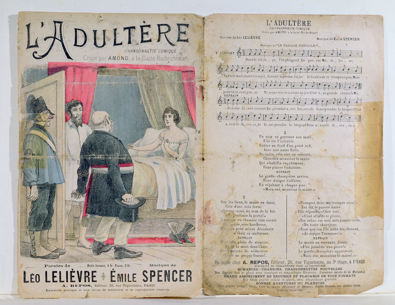Partiturblad av LAdultere, en komisk sång med ord av L. Lelievre och musik av E. Spencer av French School