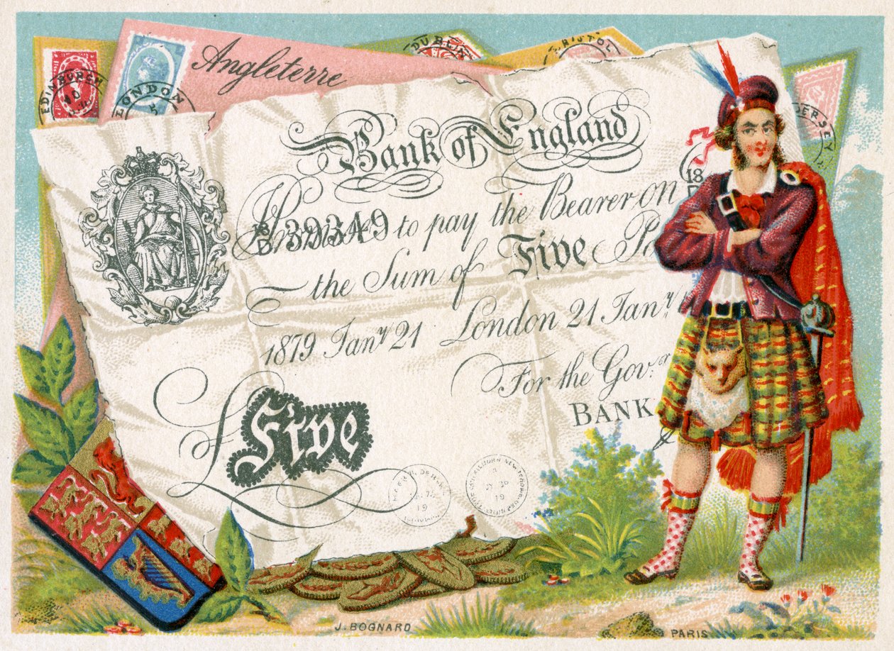 Skotsk soldat som vaktar en fem pundssedel från Bank of England, 1886-95 av French School