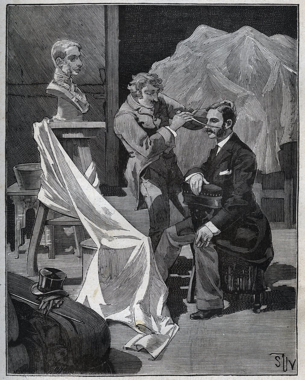 Skulptur, verkstad av en skulptör, fokus och skulptur av en byst. Gravyr från 1880 i "" Les arts et metiers illustres"" av Adolphe BITARD. av French School