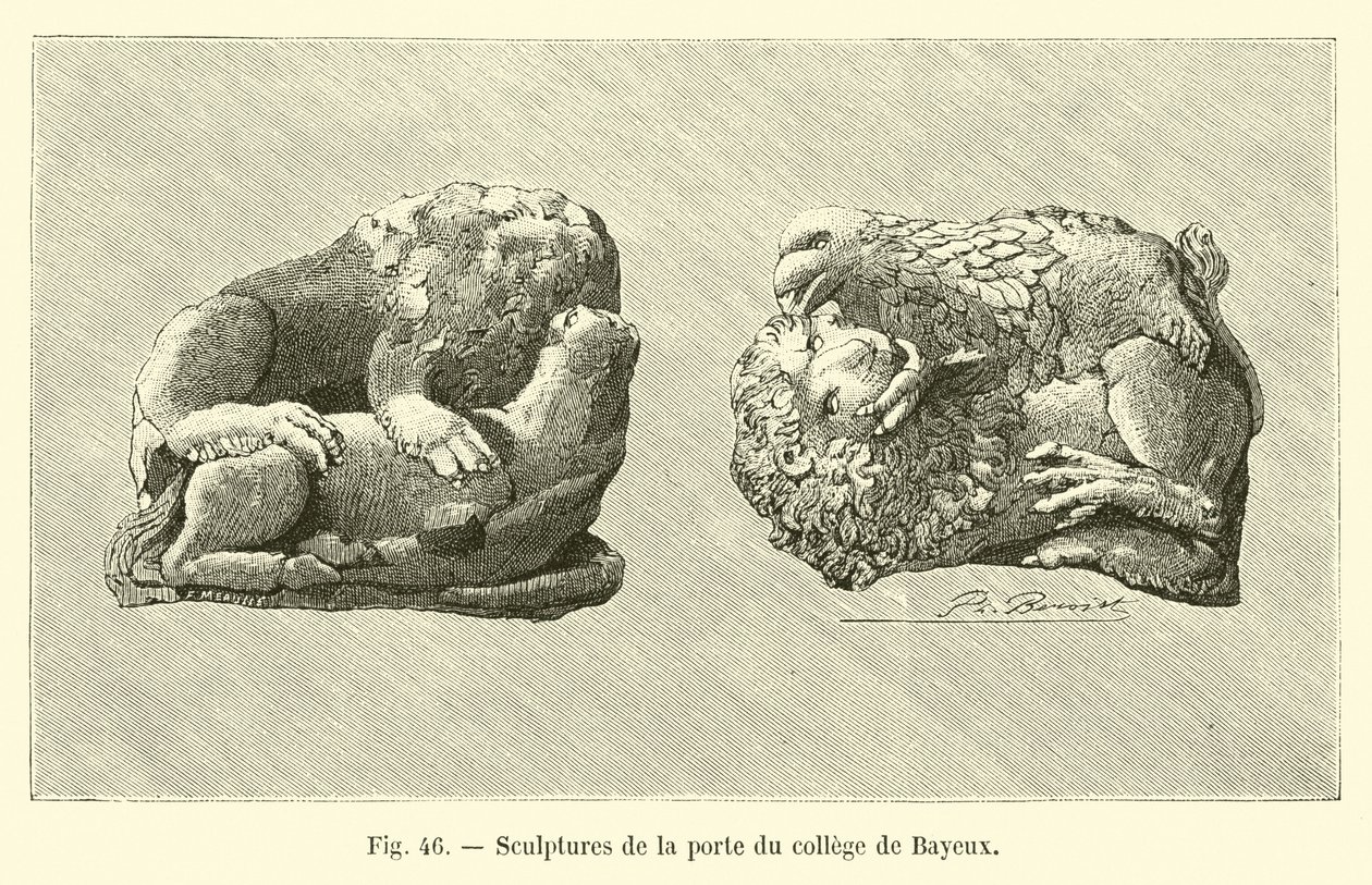 Skulpturer på dörren till högskolan i Bayeux (gravyr) av French School