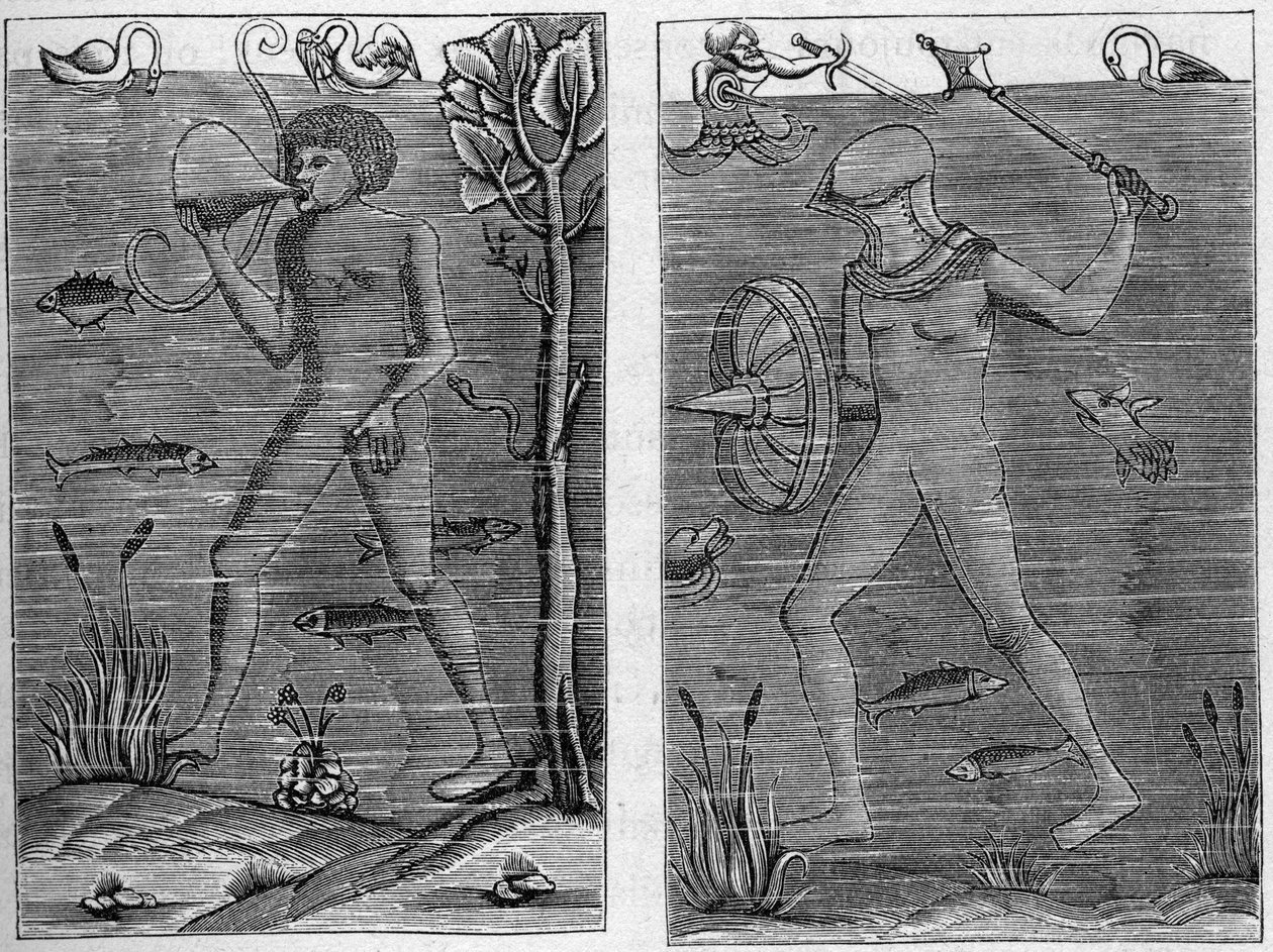 Sjösoldat: dykaren och vapenmannen. Gravyrer från träfigurer från 1500-talet. I "La Marine et les colonies: handel" av French School