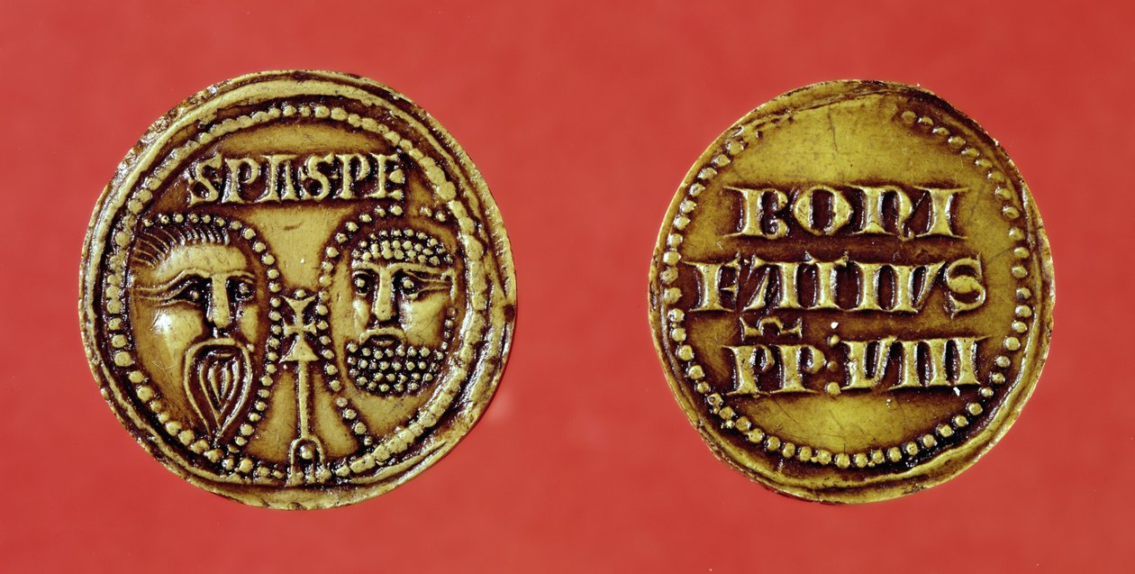 Sigill med St. Pauls och St. Peters huvuden, från en tjur av påven Bonifatius VIII, recto and verso, 1295 (vax) av French School