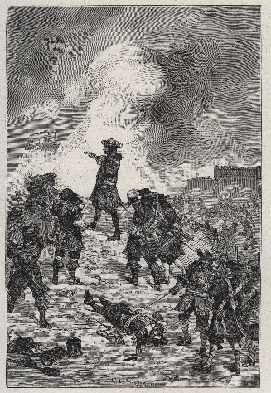 Sebastian the Prestre herre av Vauban (1633-1717), marechal av Frankrike försvarar Brest mot en attack av den engelska flottan 1695 - gravyr i "Les Hommes Celebres de la France" av Louis Dumas 1889 av French School