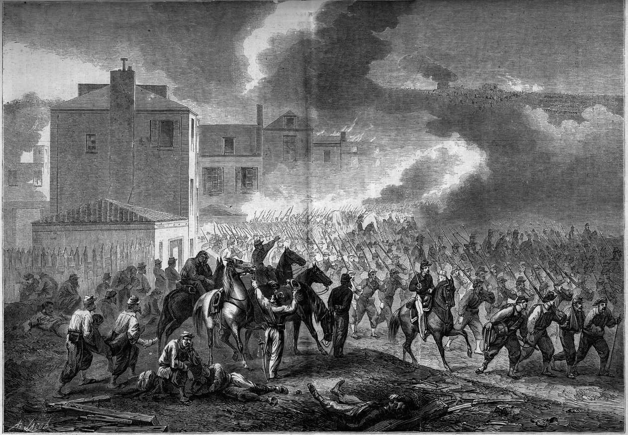 Secessionskrig (1861-1865) eller amerikanska inbördeskriget: evakuering av staden Korinth (Mississippi) 1862. Gravyr i "" Le Monde Illustré"" nr 275 av 19 juli 1862. av French School