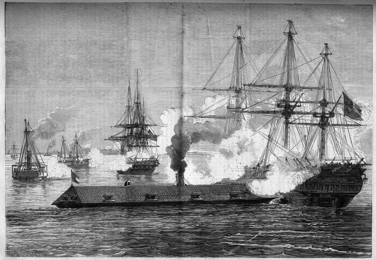 Secessionskrig (1861-1865) eller amerikanska inbördeskriget - sjöslaget vid Newport News (Virginia) - 8-9 mars av French School