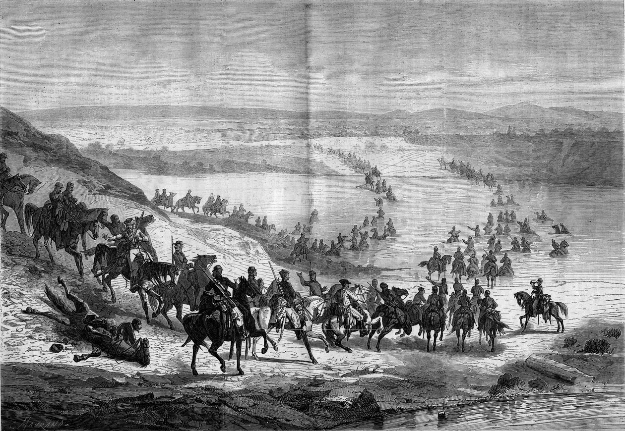 Secession War (1861-1865) eller amerikanska inbördeskriget: korsning av Potomac av General Stuarts södra kavalleri. Gravyr i "" Le Monde Illustré"" nr 293 den 22 november av French School