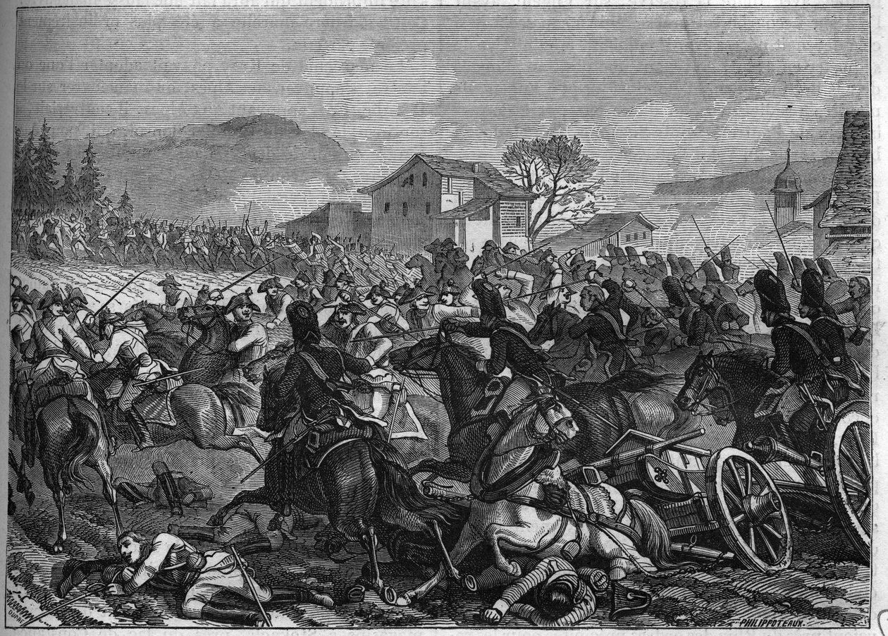 Andra koalitionen (1798-1800): Slaget vid Stockach den 3 maj 1800 mot Frankrike och Österrike - Gravyr från 1865 i "Histoire du Consulate et de l