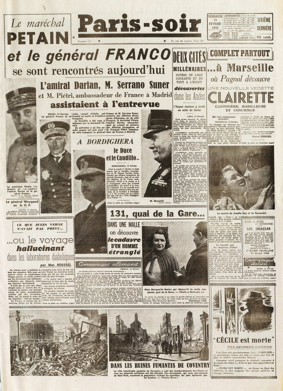 Andra världskriget (1939-1945) - Andra världskriget (WWII eller WW2): PARIS KÄLLA [Nr. 237] av 1941-02-14 - Möte mellan LE MARECHAL PETAIN och GENERAL FRANCO - av French School