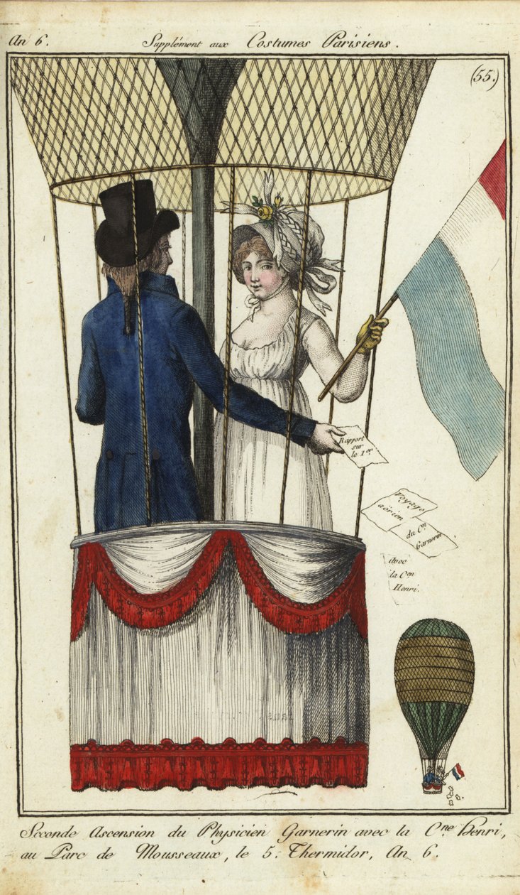 Andra ballongbestigning av Dr. Andre-Jacques Garnerin, 8 juli 1798 (handfärgad kopparstick) av French School