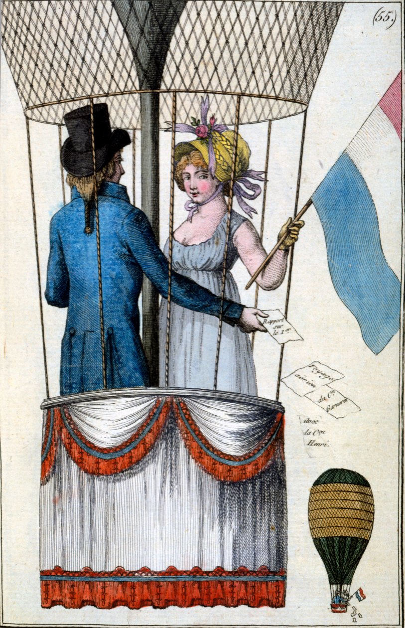 Andra flygningen av Garnerin med Citoyenne Henri från Parc Monceau, 8 juli 1798, från Costumes Parisiens, ca 1798 av French School
