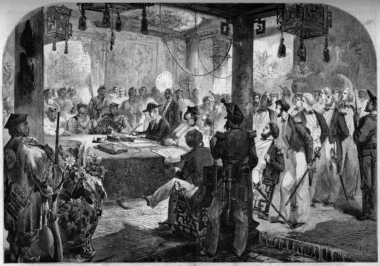 Andra opiumkriget mellan Frankrike och England och Kina (1858-1860) - undertecknande av Tianjinfördraget (Tientsin) 1858: engelska och franska ambassadörerna Lord Elgin (James Bruce) av French School