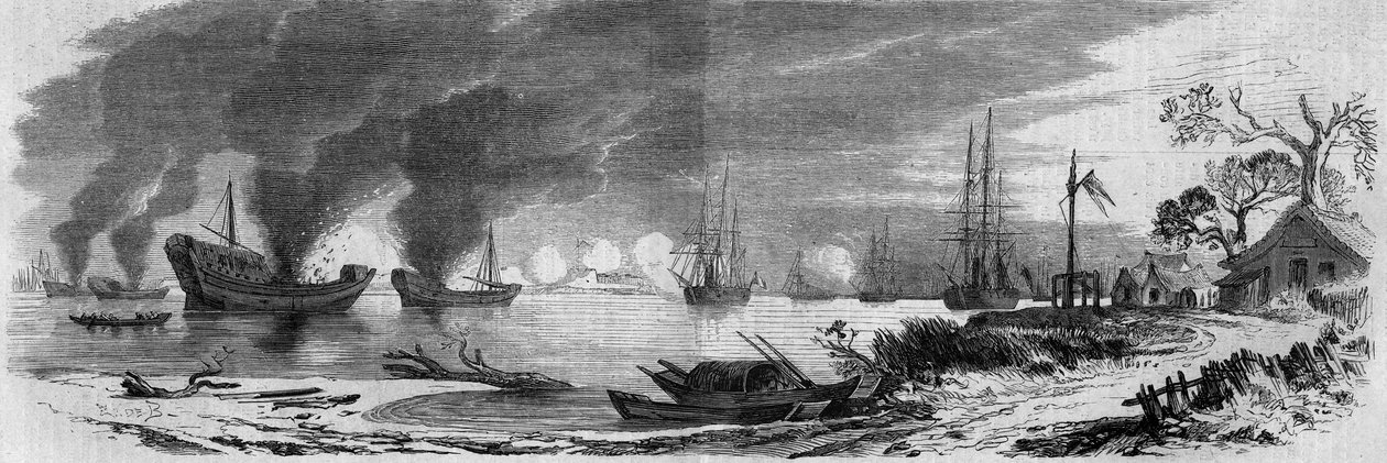 Andra opiumkriget mellan Frankrike och England och Kina (1858-1860): Kinesiska skräp lastade med brandfarligt material lanserade mot den engelska och franska flottan. Kina av French School
