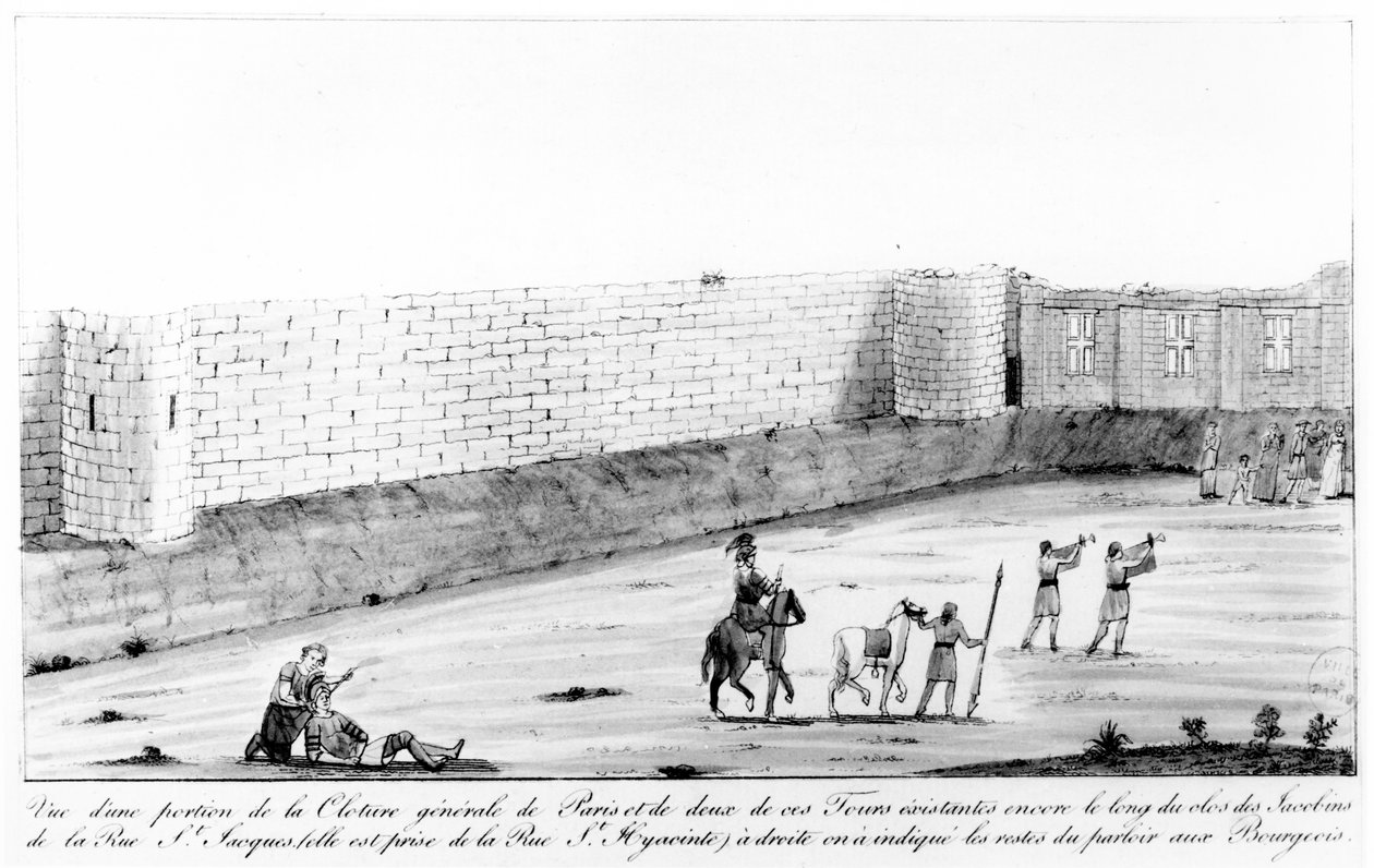 Sektion av Paris stadsmur på högra stranden byggd mellan 1190 och 1209 på order av Philippe II Auguste, sent 1700-tal (wc på papper) av French School