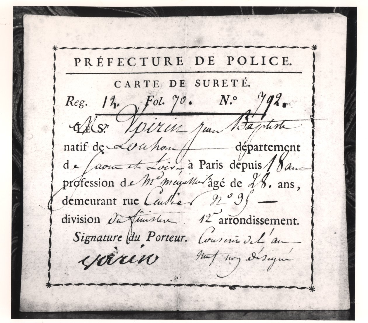 Säkerhetskort, 1808 (penna och bläck på papper) av French School