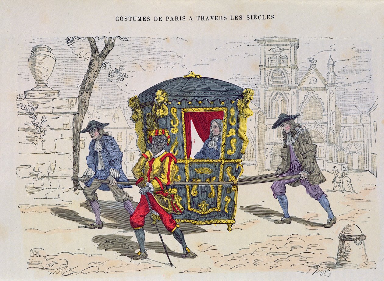 Sedan stol i det sextonde århundradet, från Costumes de Paris a Travers les Siecles, publicerad 1887 (färggravyr) av French School