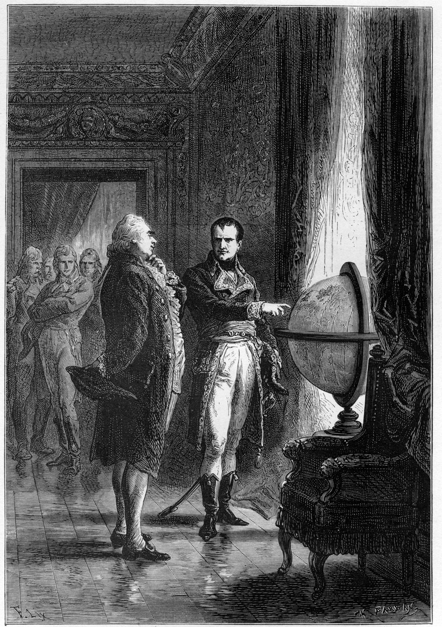 Se vilken liten plats du har i världen - NAPOLEON BONAPARTE, förste konsul, besöker Louvrens rum med Charles James Fox (1749 -1806), brittisk statsman, 1801 - gravering i "L