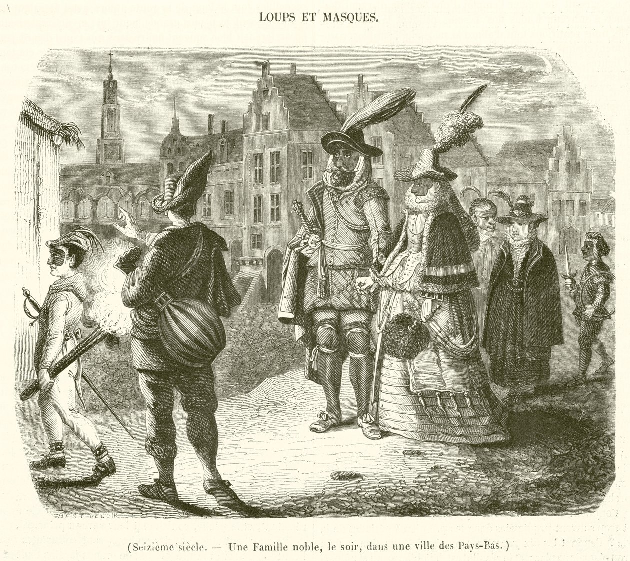 1500-talet, En adelsfamilj, på kvällen, i en stad i Nederländerna (gravyr) av French School