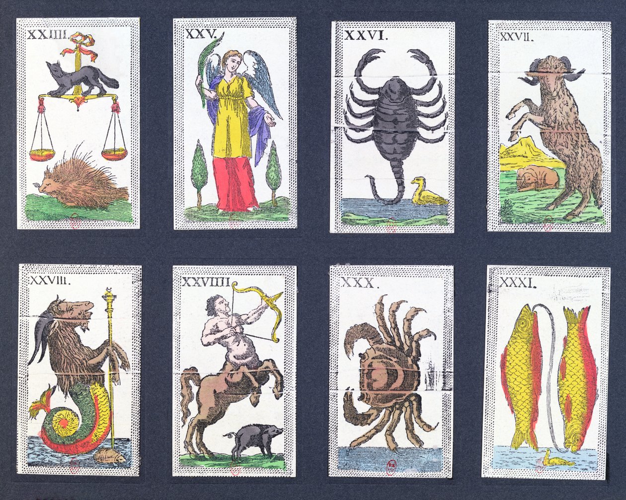 Urval av astrologiska tarotkort av French School