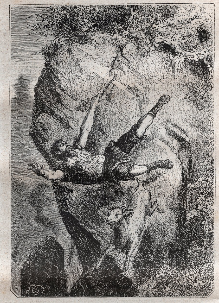 Selkirk rullade upp och ner med sitt byte; ett äventyr av Alexandre Selkirk (Alexander Selcraig) (1676-1721), en skotsk sjöman övergiven på ön Juan-Fernandez i Stilla havet i fyra år, vars äventyr inspirerade Daniel Defoes roman Rob av French School