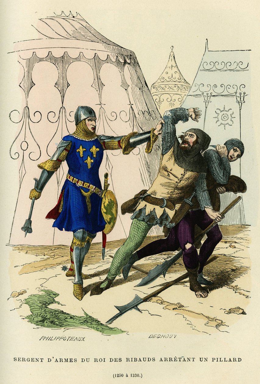 Sergeant-at-arms av kungen av ribauds (ledare för den irreguljära milisen som bildades omkring 1189 av Philippe Auguste (eller Philippe II av Frankrike 1165-1223), med vissa polisfunktioner) och arresterade en plundrare (1290 till 1330). Färggravyr, i "Fra av French School